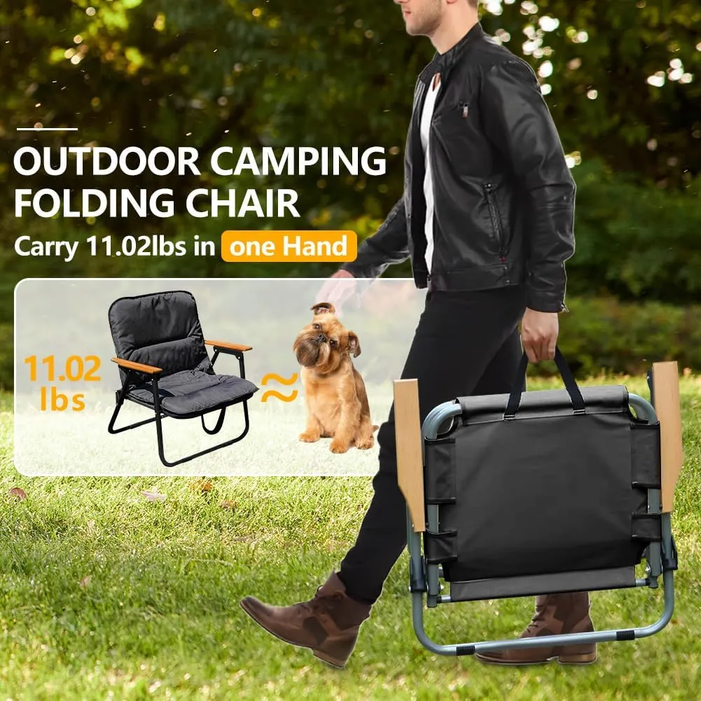 Portable Folding Camping Chair, Heavy Duty Single Outdoor Camping Chair, Wooden Armrests, with Seat Cushion, Suitable for Outdoor Fishing, Travel, Lawn, Camping, Hiking, Black