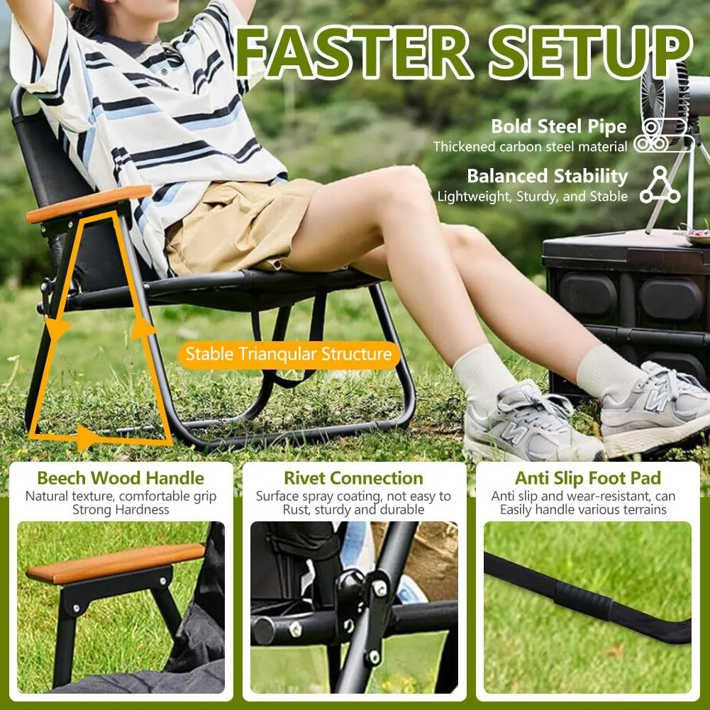 Portable Folding Camping Chair, Heavy Duty Single Outdoor Camping Chair, Wooden Armrests, with Seat Cushion, Suitable for Outdoor Fishing, Travel, Lawn, Camping, Hiking, Black