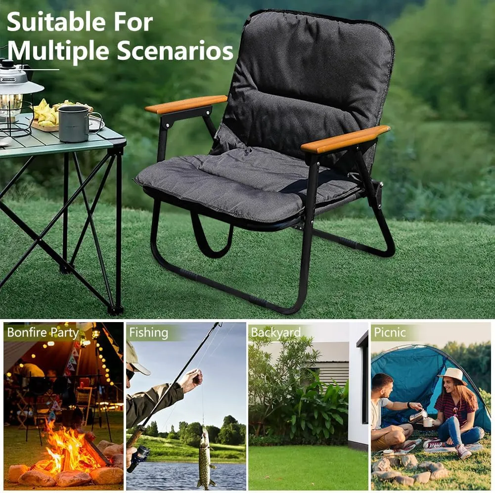 Portable Folding Camping Chair, Heavy Duty Single Outdoor Camping Chair, Wooden Armrests, with Seat Cushion, Suitable for Outdoor Fishing, Travel, Lawn, Camping, Hiking, Black