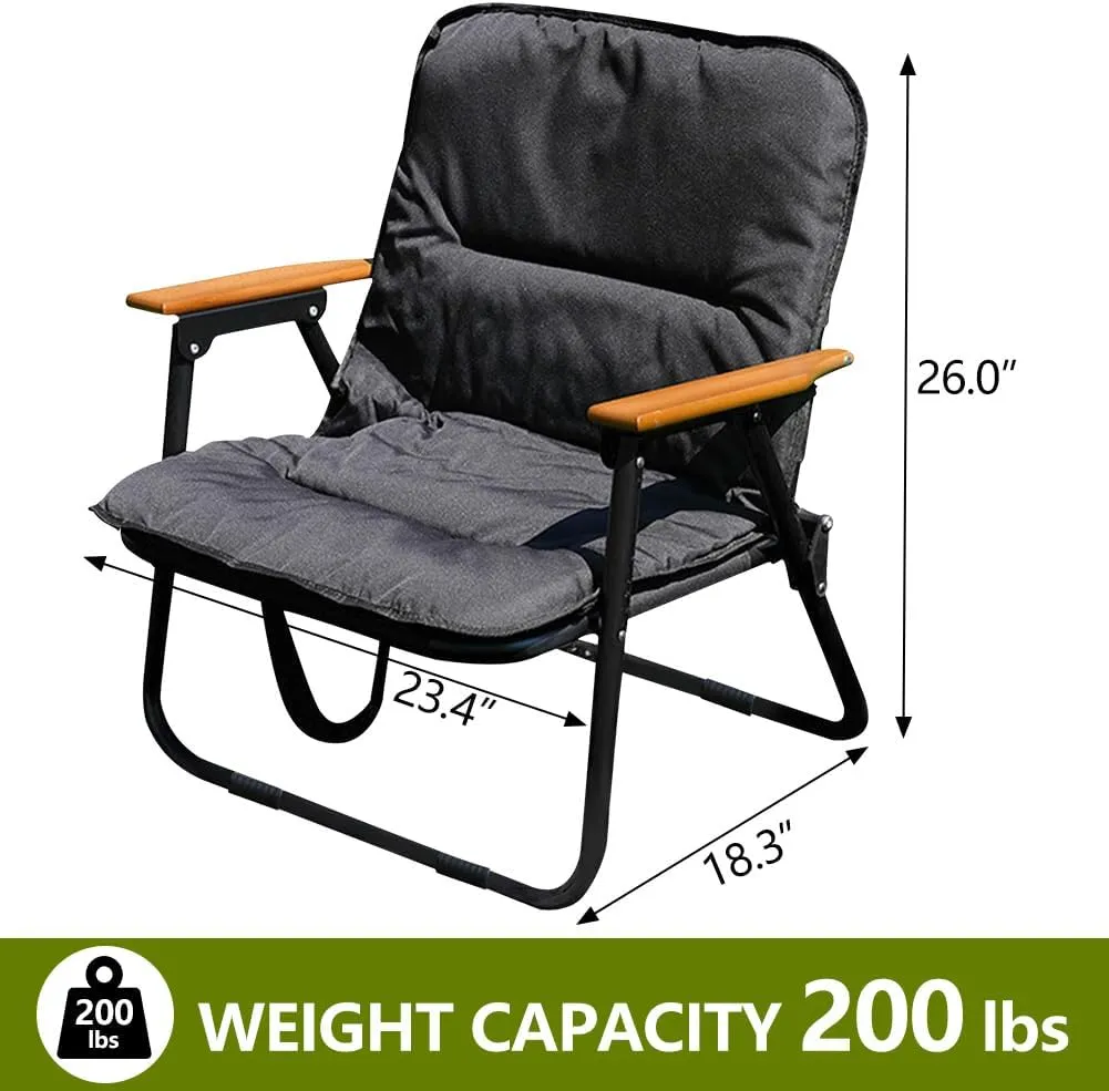 Portable Folding Camping Chair, Heavy Duty Single Outdoor Camping Chair, Wooden Armrests, with Seat Cushion, Suitable for Outdoor Fishing, Travel, Lawn, Camping, Hiking, Black