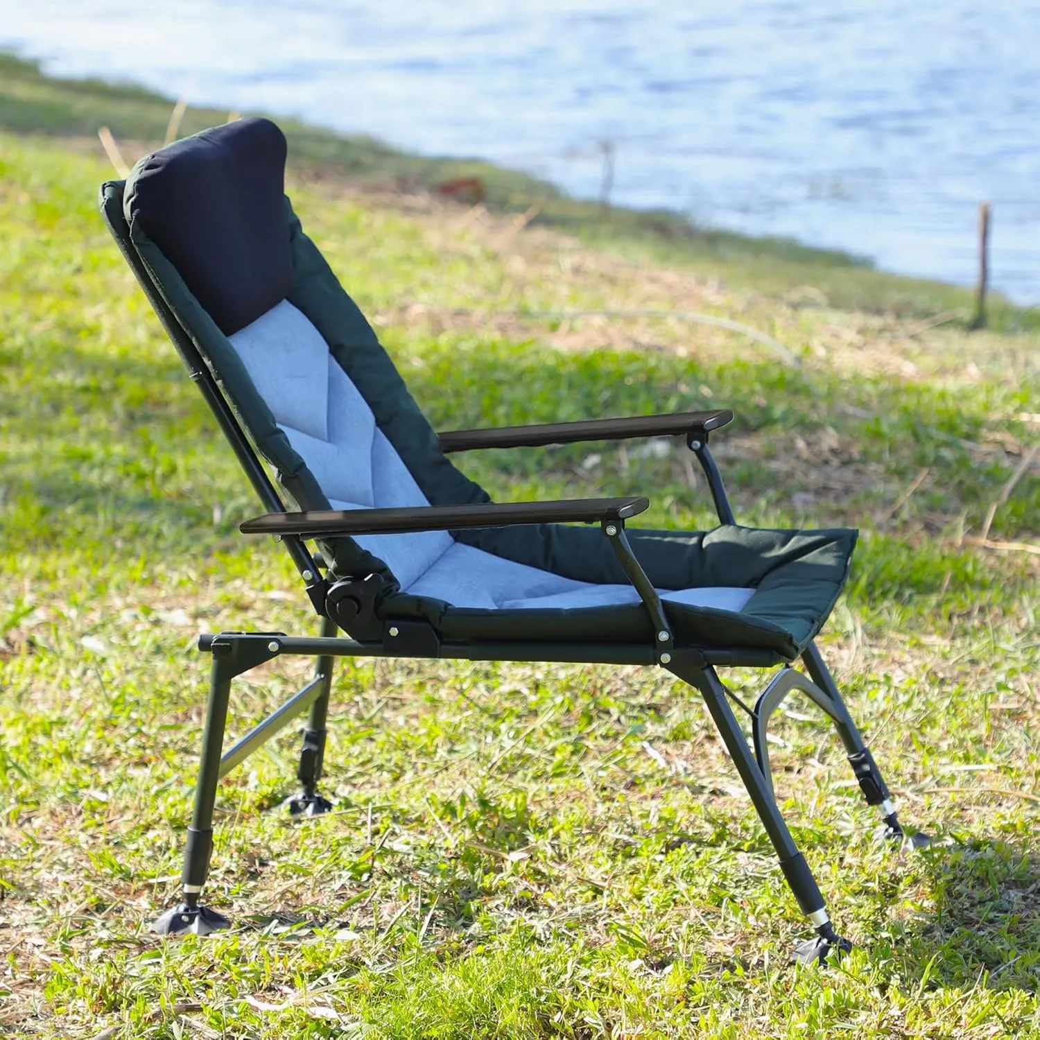 Portable Folding Reclining Camping Chair with Adjustable Backrest for Indoor and Outdoor Activities, Black Grey Green