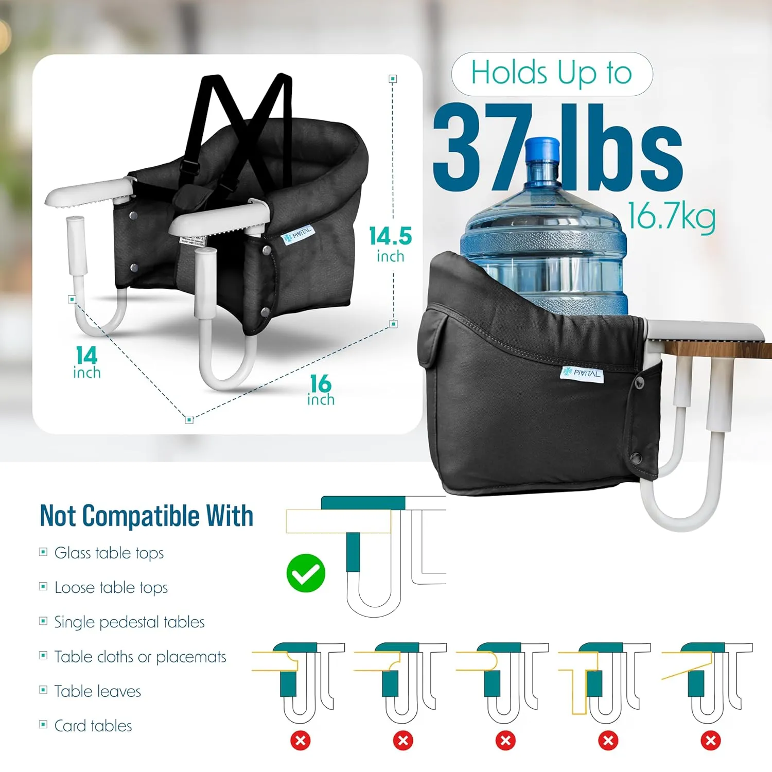 Portable Hook on High Chair for Baby & Toddler from 6-36 Months – Clip on Baby Seat for Table – Fast Table Chair for Travel & Dining– Including Storage Bag - Black