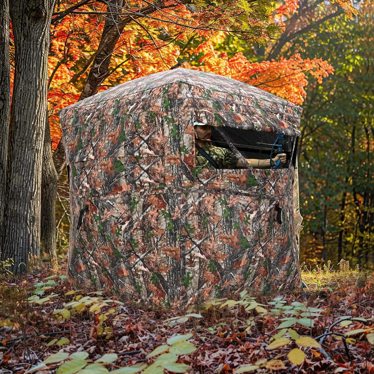 Portable Hunting Blind 270° See Through with Carrying Bag, 2-3 Person Pop Up Ground Blinds with Silent Zipper Door & Sliding Windows, Resilience Hunting Tent for Deer & Turkey Hunting