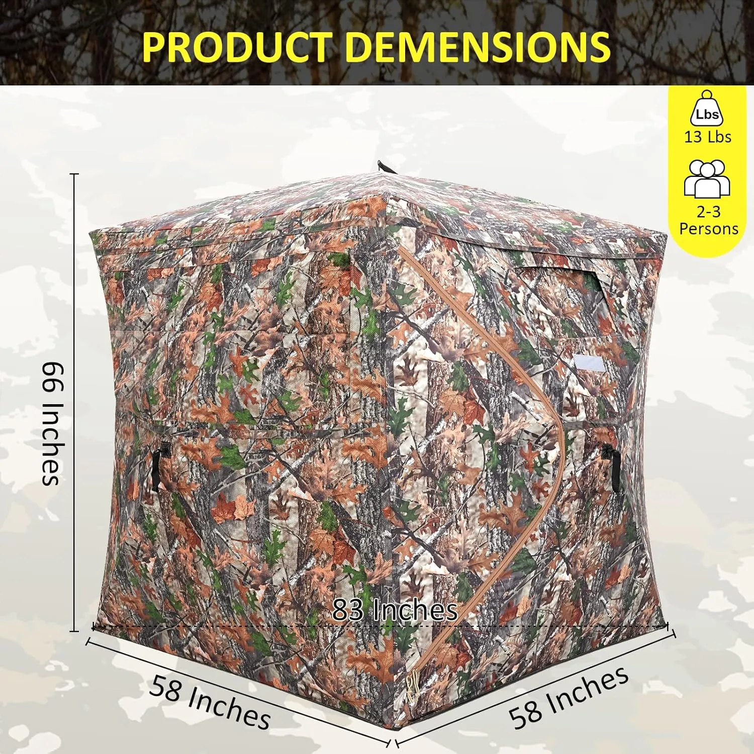 Portable Hunting Blind 270° See Through with Carrying Bag, 2-3 Person Pop Up Ground Blinds with Silent Zipper Door & Sliding Windows, Resilience Hunting Tent for Deer & Turkey Hunting
