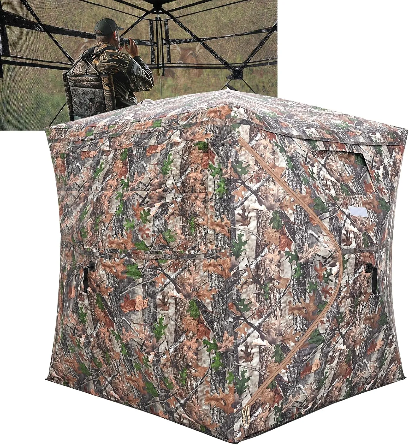 Portable Hunting Blind 270° See Through with Carrying Bag, 2-3 Person Pop Up Ground Blinds with Silent Zipper Door & Sliding Windows, Resilience Hunting Tent for Deer & Turkey Hunting