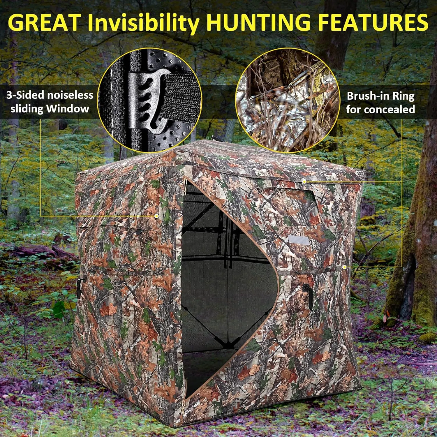 Portable Hunting Blind 270° See Through with Carrying Bag, 2-3 Person Pop Up Ground Blinds with Silent Zipper Door & Sliding Windows, Resilience Hunting Tent for Deer & Turkey Hunting