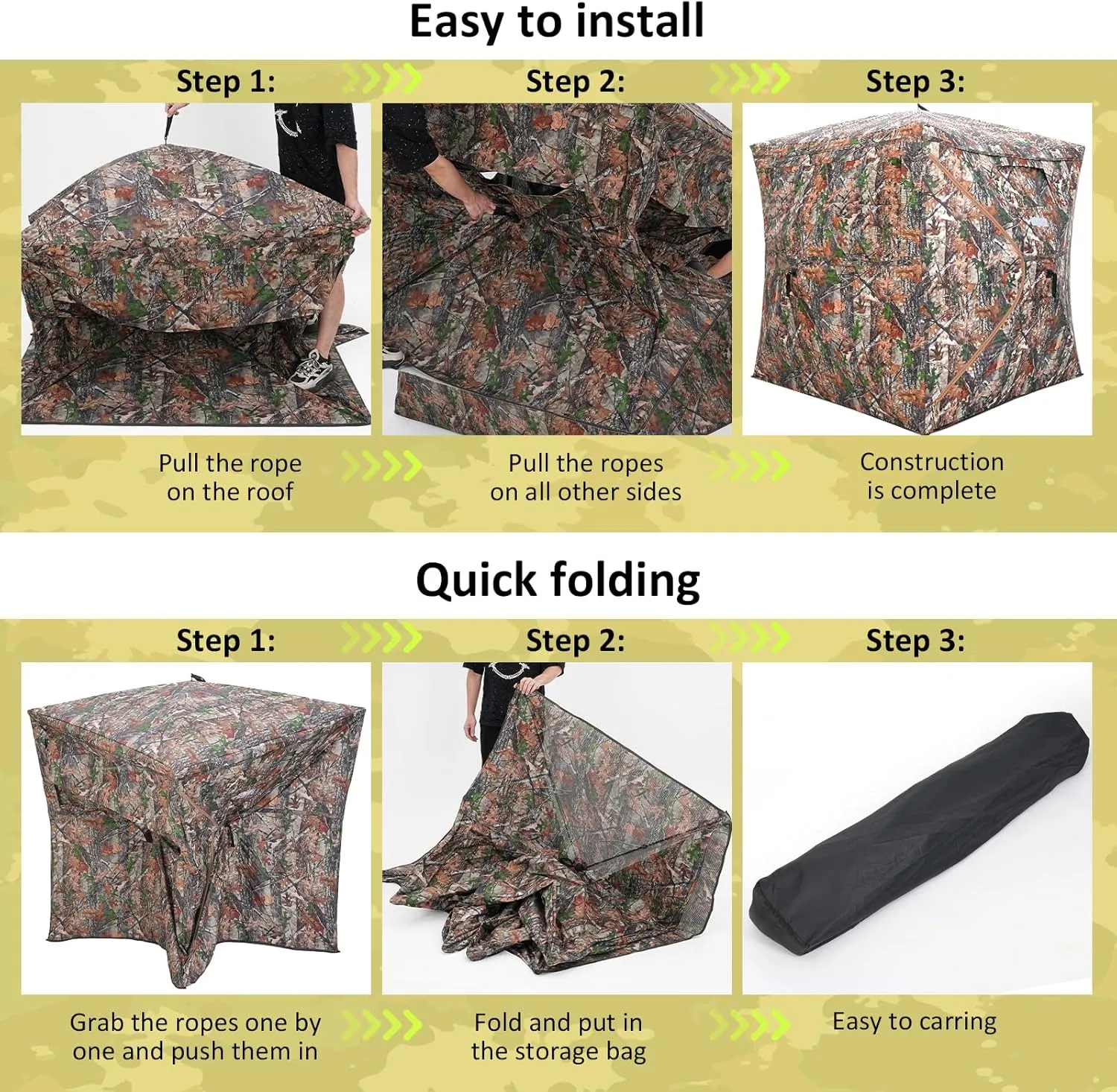Portable Hunting Blind 270° See Through with Carrying Bag, 2-3 Person Pop Up Ground Blinds with Silent Zipper Door & Sliding Windows, Resilience Hunting Tent for Deer & Turkey Hunting