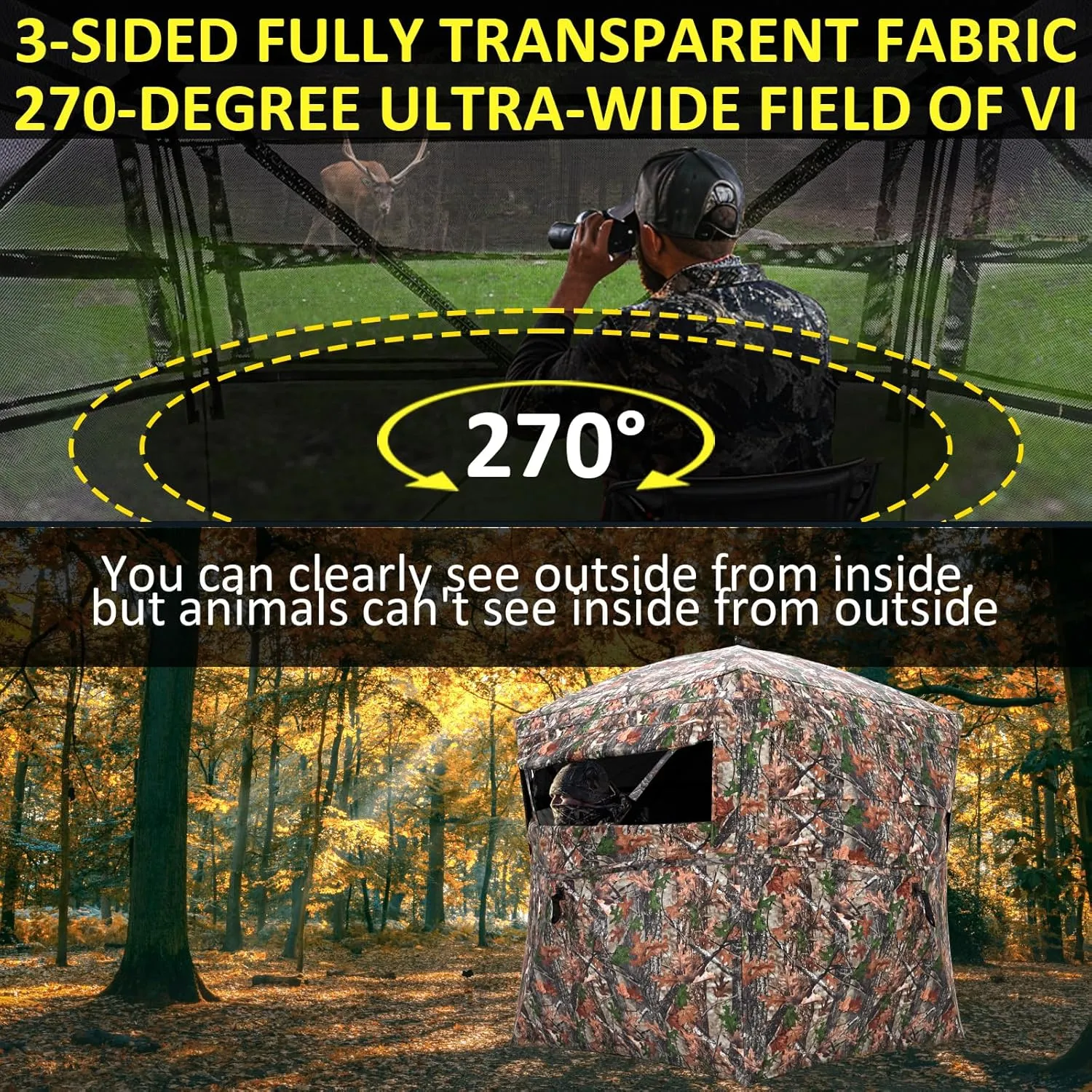 Portable Hunting Blind 270° See Through with Carrying Bag, 2-3 Person Pop Up Ground Blinds with Silent Zipper Door & Sliding Windows, Resilience Hunting Tent for Deer & Turkey Hunting