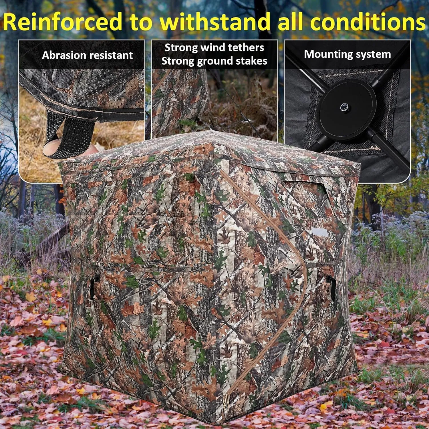 Portable Hunting Blind 270° See Through with Carrying Bag, 2-3 Person Pop Up Ground Blinds with Silent Zipper Door & Sliding Windows, Resilience Hunting Tent for Deer & Turkey Hunting