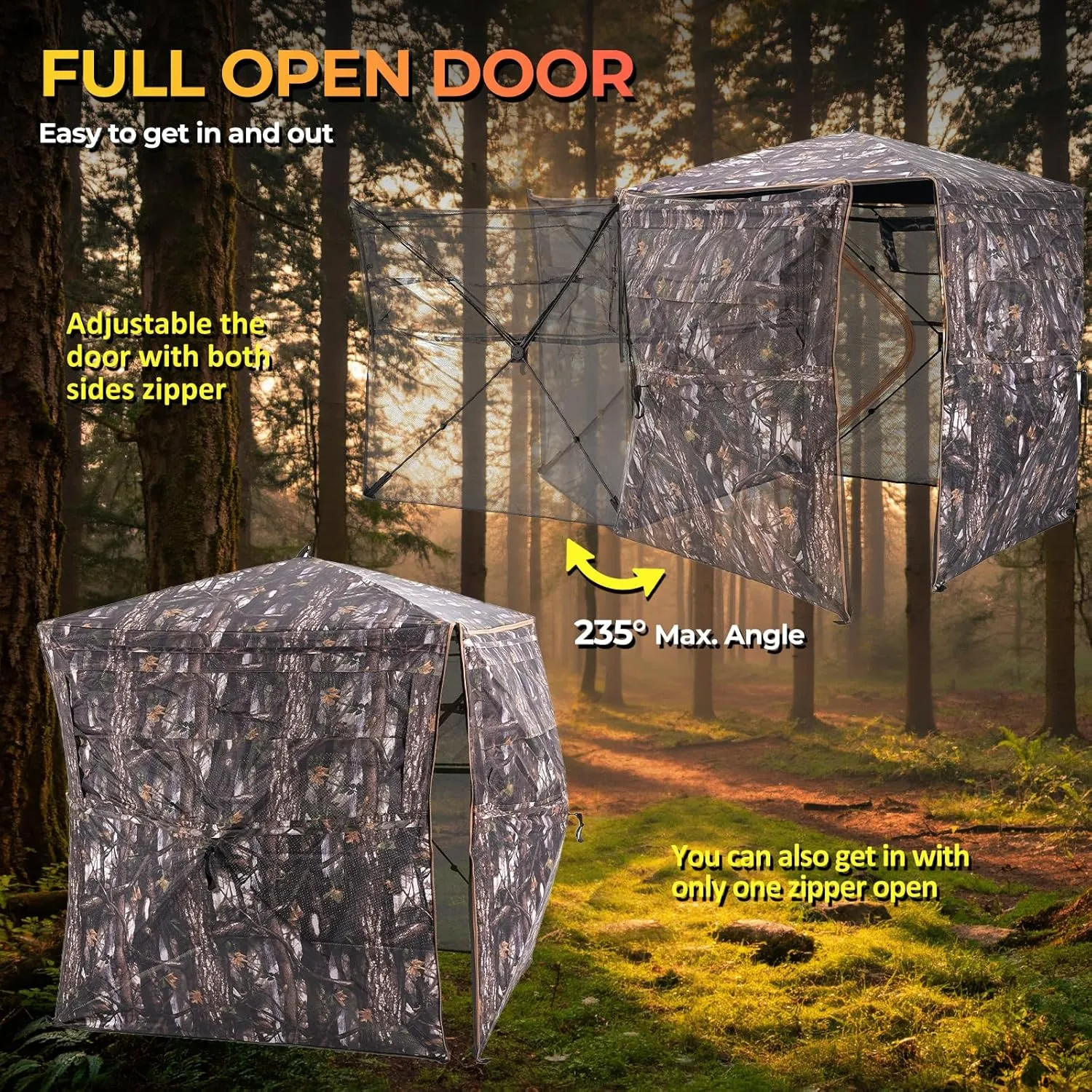 Portable Hunting Blind 360° Degree See Through with Carrying Bag, 2-3 Person Pop Up Ground Blinds with Silent Zipper Door & Sliding Windows, Resilience Tent for Deer & Turkey Hunting
