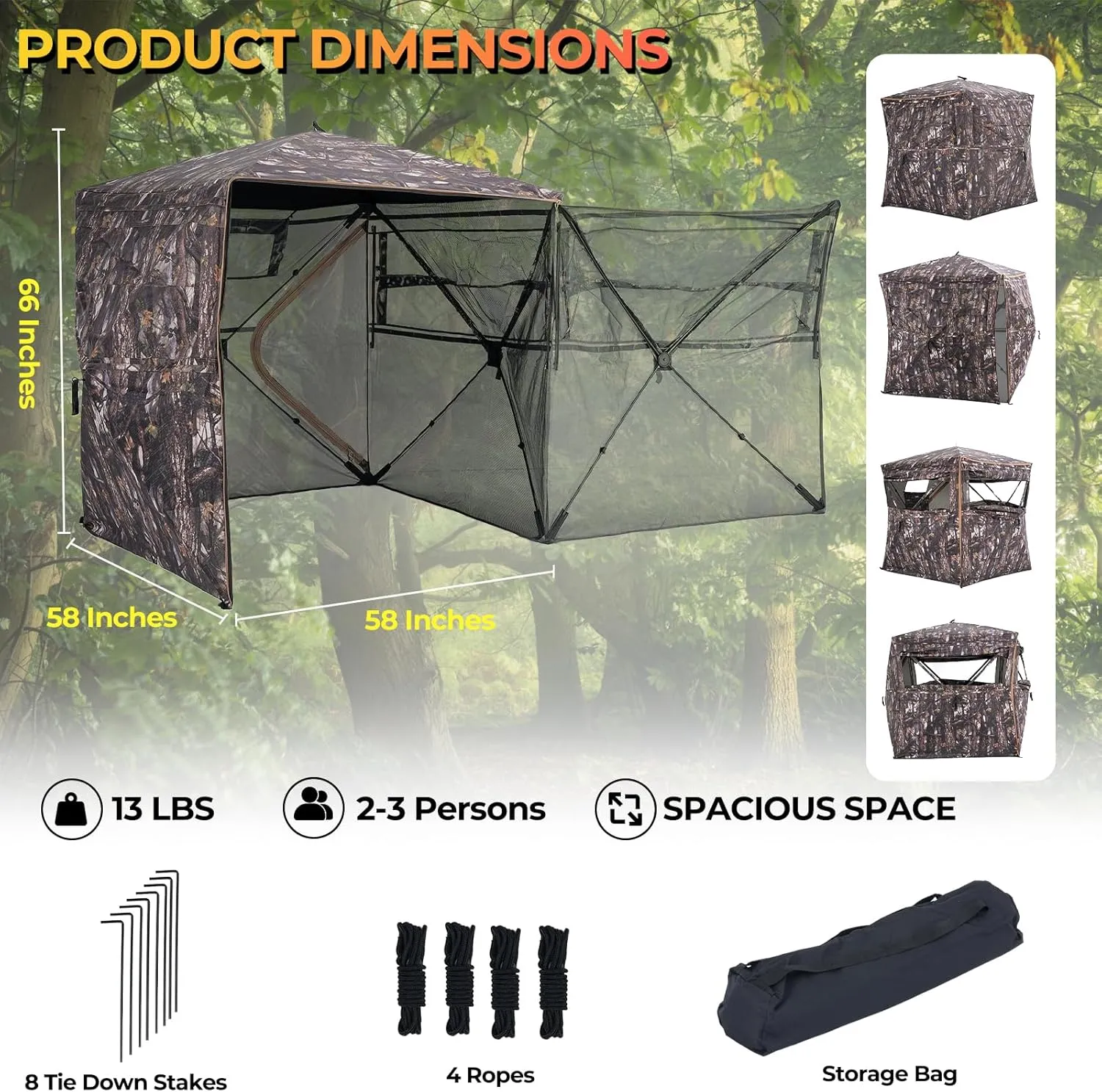 Portable Hunting Blind 360° Degree See Through with Carrying Bag, 2-3 Person Pop Up Ground Blinds with Silent Zipper Door & Sliding Windows, Resilience Tent for Deer & Turkey Hunting