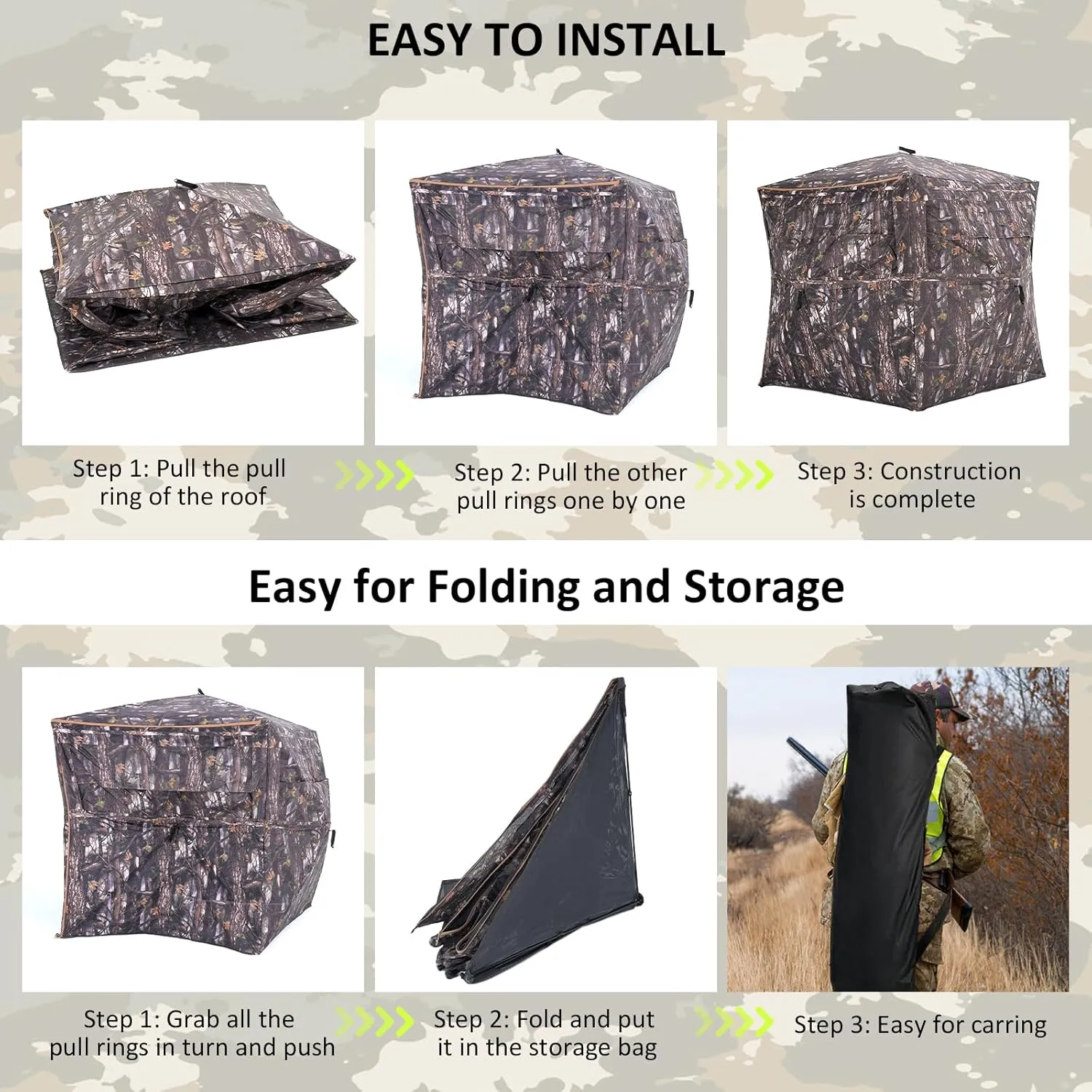 Portable Hunting Blind 360° Degree See Through with Carrying Bag, 2-3 Person Pop Up Ground Blinds with Silent Zipper Door & Sliding Windows, Resilience Tent for Deer & Turkey Hunting