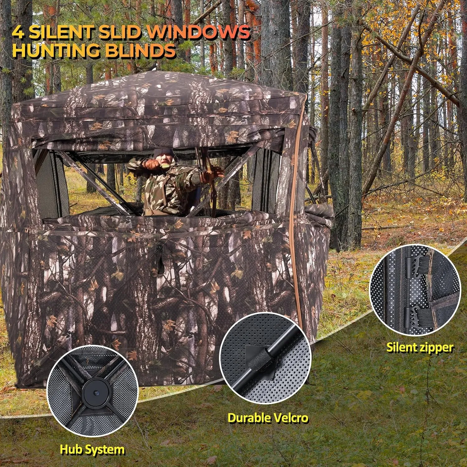 Portable Hunting Blind 360° Degree See Through with Carrying Bag, 2-3 Person Pop Up Ground Blinds with Silent Zipper Door & Sliding Windows, Resilience Tent for Deer & Turkey Hunting