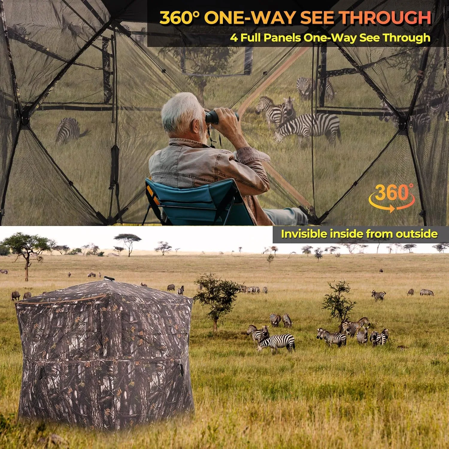 Portable Hunting Blind 360° Degree See Through with Carrying Bag, 2-3 Person Pop Up Ground Blinds with Silent Zipper Door & Sliding Windows, Resilience Tent for Deer & Turkey Hunting