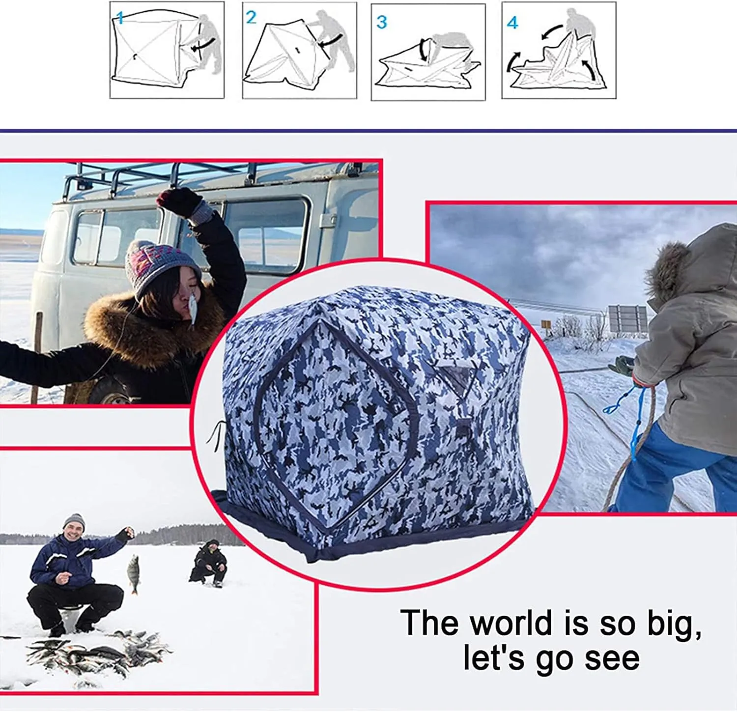 Portable Ice Fishing Shelter with Bag Water-Repellent and Wind-Resistant Quick Fishing Tent for 3-4 Person Portable Ice Fishing Tent