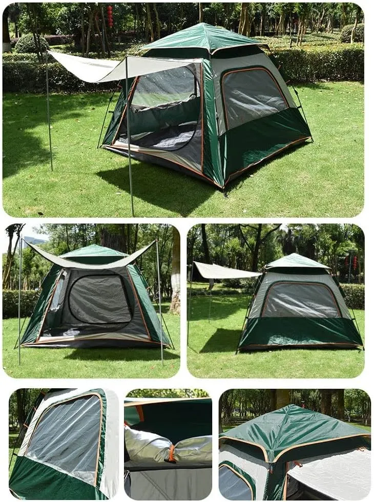 Portable Tent 3-4 Person Campitents, Waterproof Windproof Family Tent, 4 Large Mesh Double Layer Easy Set up Portable with Carry Bag (Green a)