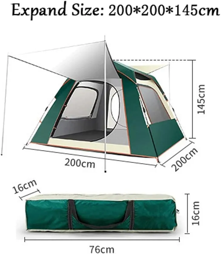 Portable Tent 3-4 Person Campitents, Waterproof Windproof Family Tent, 4 Large Mesh Double Layer Easy Set up Portable with Carry Bag (Green a)