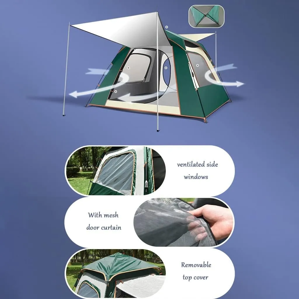 Portable Tent 3-4 Person Campitents, Waterproof Windproof Family Tent, 4 Large Mesh Double Layer Easy Set up Portable with Carry Bag (Green a)