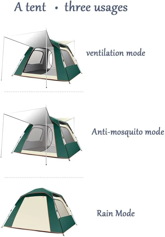 Portable Tent 3-4 Person Campitents, Waterproof Windproof Family Tent, 4 Large Mesh Double Layer Easy Set up Portable with Carry Bag (Green a)