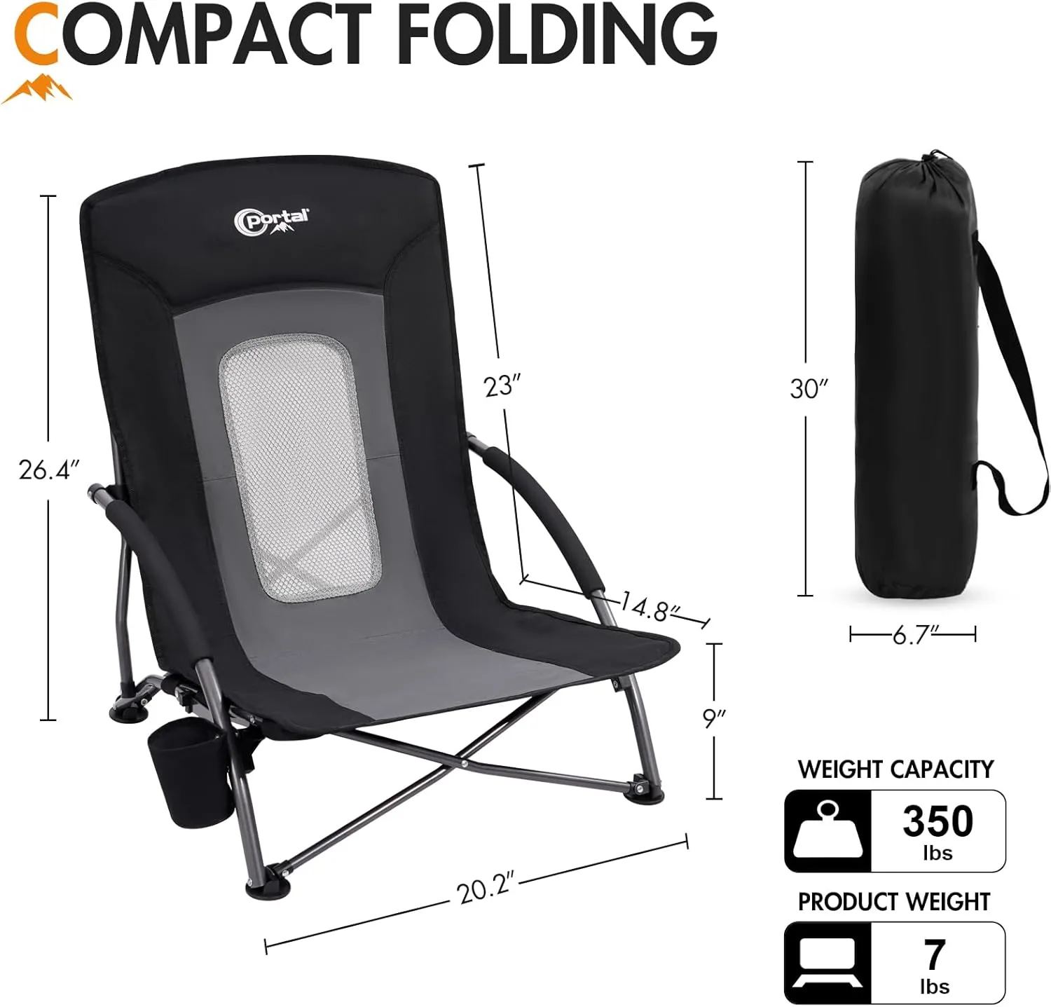 PORTAL Beach Chairs for Adults Camping Low Lightweight Portable Chair with Cup Holder Mesh Back Carry Bag for Outdoor Sand Lawn Travel Picnic Festival Concert, 350LBS