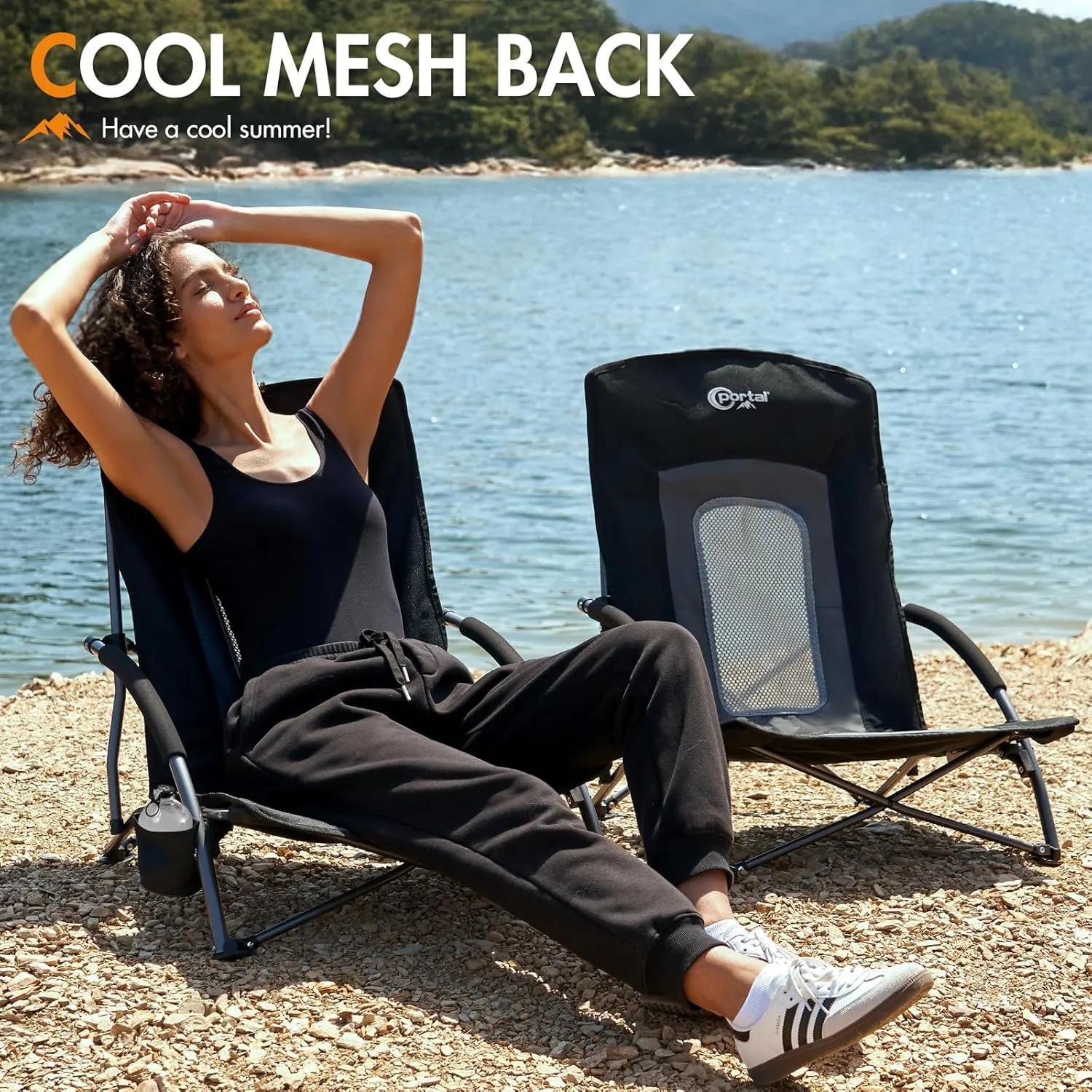 PORTAL Beach Chairs for Adults Camping Low Lightweight Portable Chair with Cup Holder Mesh Back Carry Bag for Outdoor Sand Lawn Travel Picnic Festival Concert, 350LBS