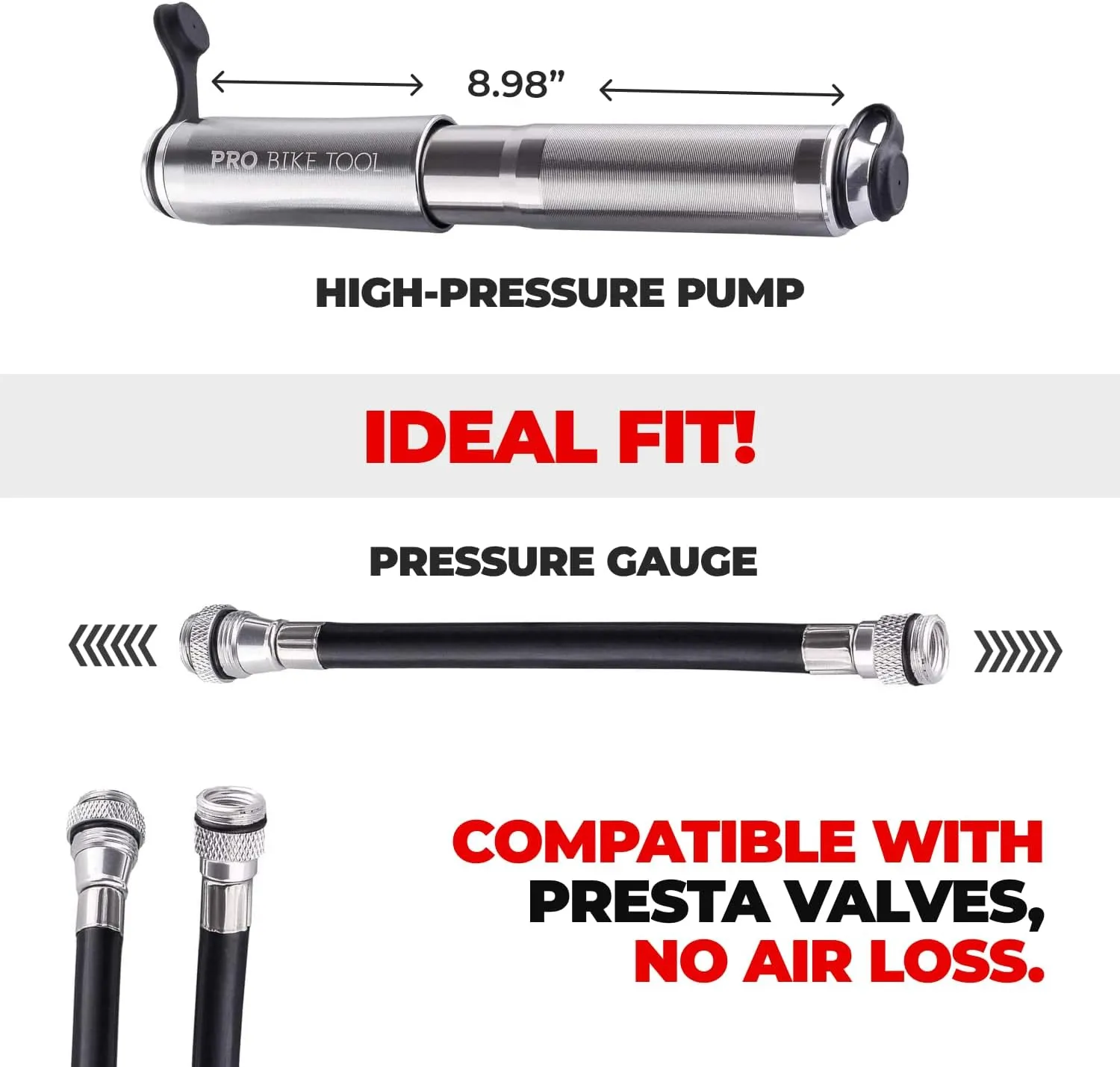 Pro Bike Tool Mini Bike Pump with Gauge - Presta and Schrader Valve Compatible Bicycle Tire Pump for Road, Mountain, and BMX Bikes - High-Pressure 100 Psi Bike Hand Pump with Frame Mount