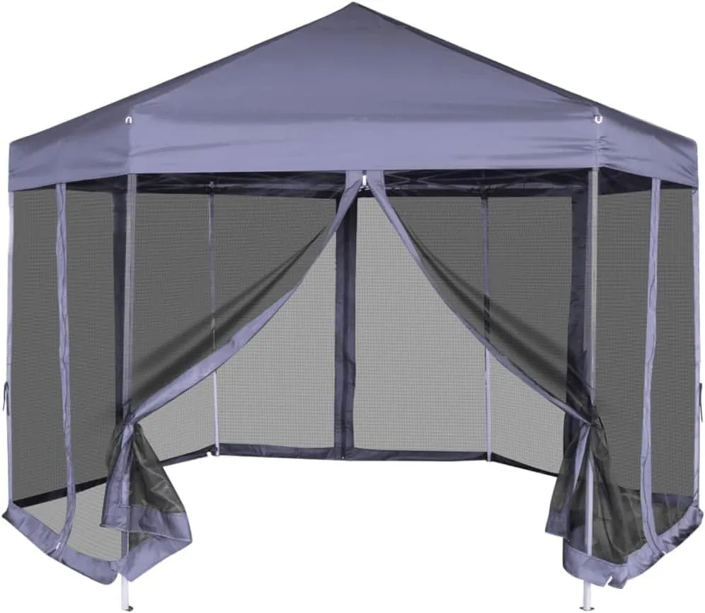 Provides Shelter for Events with Folding Hexagonal Marquee, Water Resistant, Easy Assembly, Dark Blue with Black Sidewalls