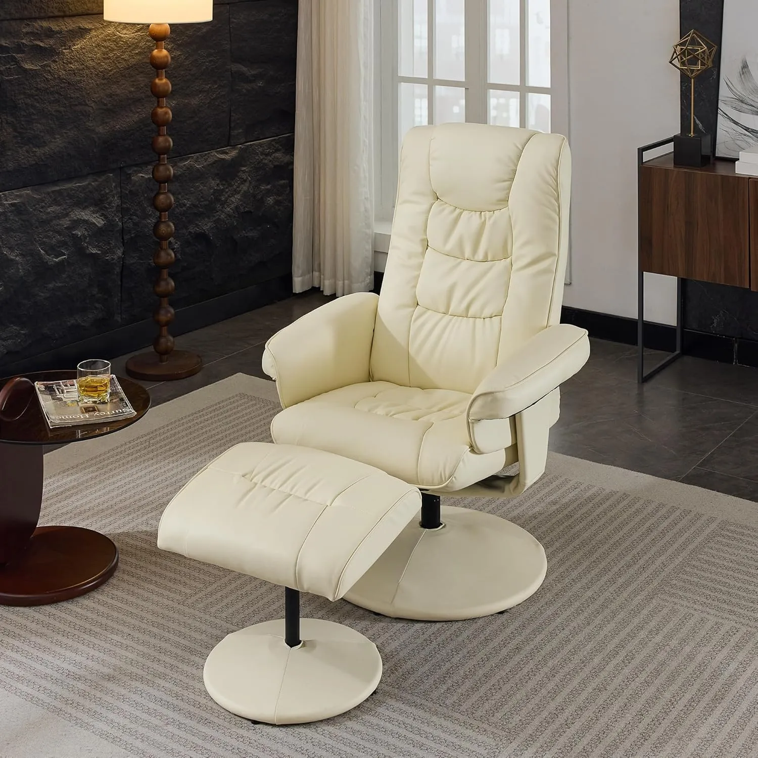 PU Leather Massage Reclining Chair with Ottoman - 360° Swivel Stressless Recliner with 5-Point Vibration Massage, Seat Heating, and 140° Adjustable Backrest - Perfect for Home or Office (Beige)