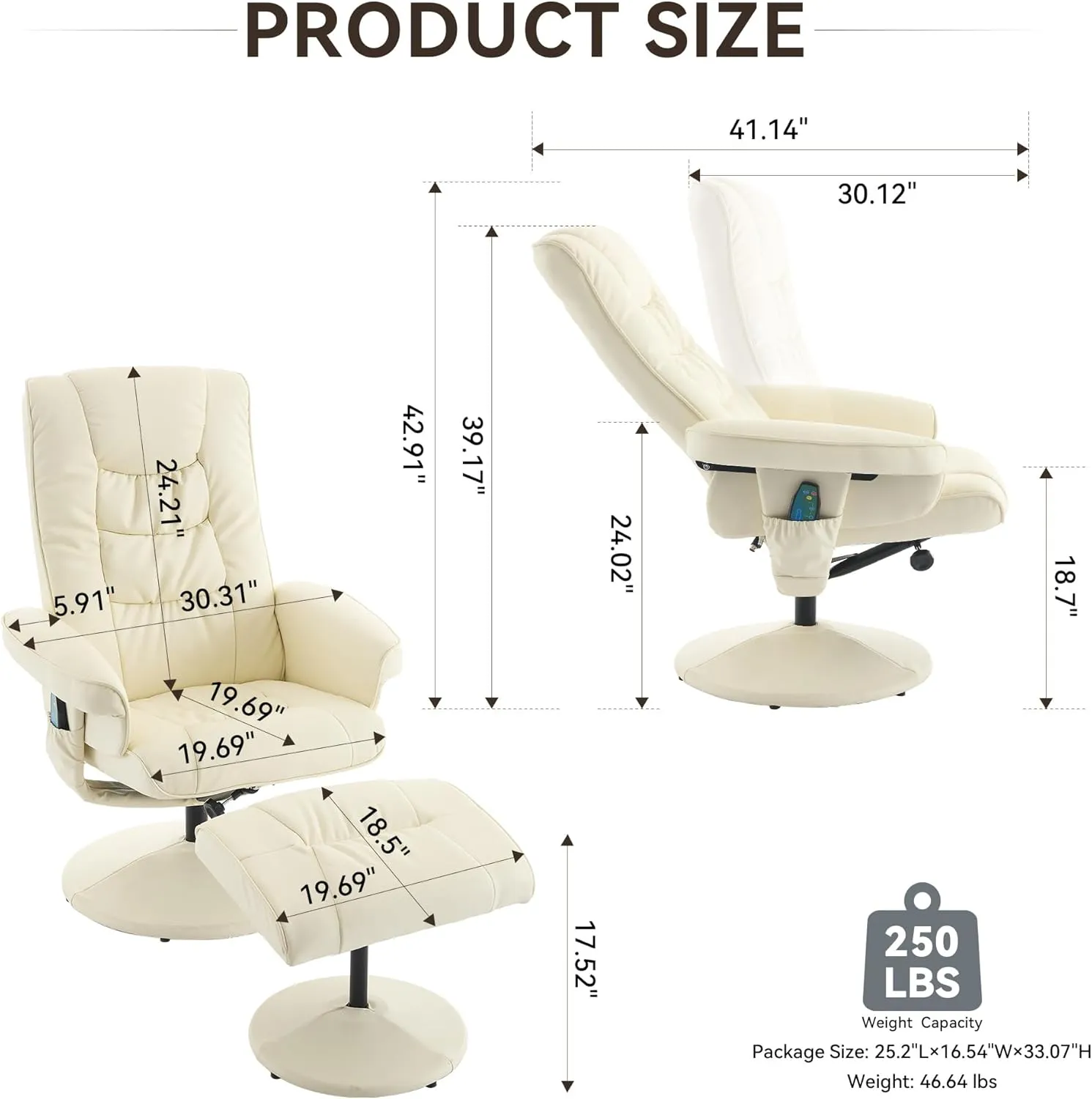 PU Leather Massage Reclining Chair with Ottoman - 360° Swivel Stressless Recliner with 5-Point Vibration Massage, Seat Heating, and 140° Adjustable Backrest - Perfect for Home or Office (Beige)