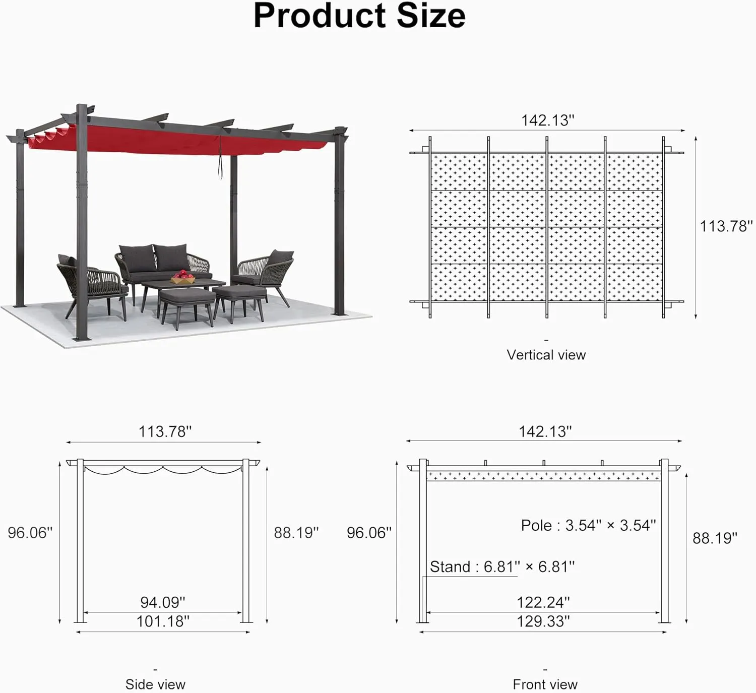 PURPLE LEAF 10' X 12' Outdoor Retractable Pergola with Sun Shade Canopy Patio Metal Shelter for Garden Porch Beach Pavilion Grill Gazebo Modern Yard Grape Trellis Pergola, Terra