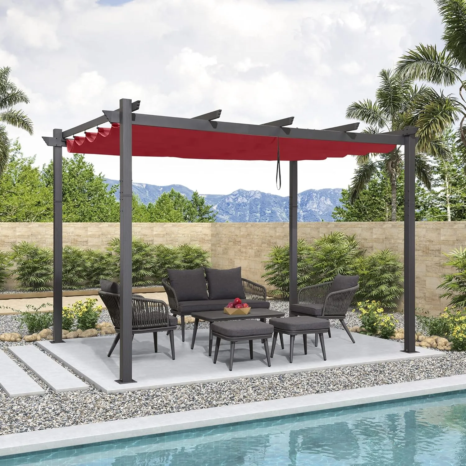 PURPLE LEAF 10' X 12' Outdoor Retractable Pergola with Sun Shade Canopy Patio Metal Shelter for Garden Porch Beach Pavilion Grill Gazebo Modern Yard Grape Trellis Pergola, Terra