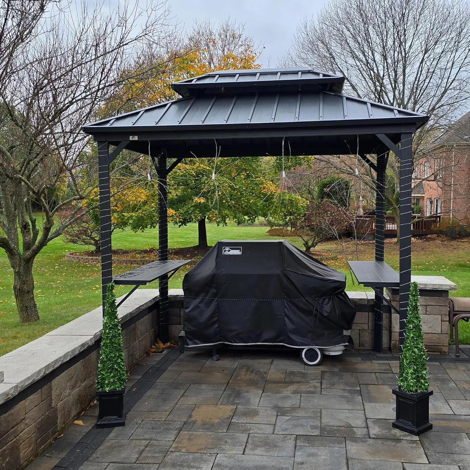 PURPLE LEAF 6' X 8' Hardtop Grill Gazebo for Patio Permanent Aluminum Barbeque Shelter Canopy with Ceiling Hook and Shelves Double Tiered Grey Outdoor BBQ Gazebo