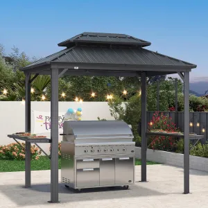 PURPLE LEAF 6' X 8' Hardtop Grill Gazebo for Patio Permanent Aluminum Barbeque Shelter Canopy with Ceiling Hook and Shelves Double Tiered Grey Outdoor BBQ Gazebo