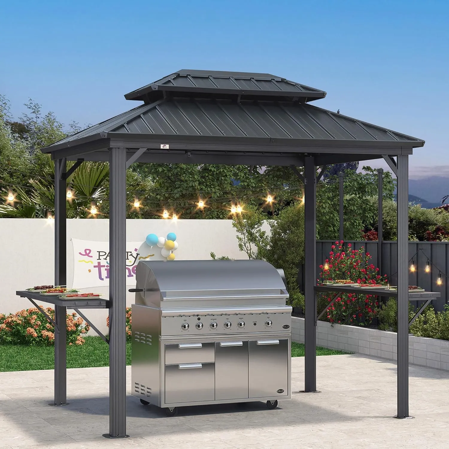 PURPLE LEAF 6' X 8' Hardtop Grill Gazebo for Patio Permanent Aluminum Barbeque Shelter Canopy with Ceiling Hook and Shelves Double Tiered Grey Outdoor BBQ Gazebo