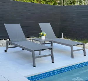 PURPLE LEAF Outdoor Lounge Chair Set for 2 Aluminum Patio Chaise Lounger with Easy-to-Move Wheels and Adjustable Backrest Pool Reclining Lounge Chairs for Beach Yard Poolside Table Included, Grey