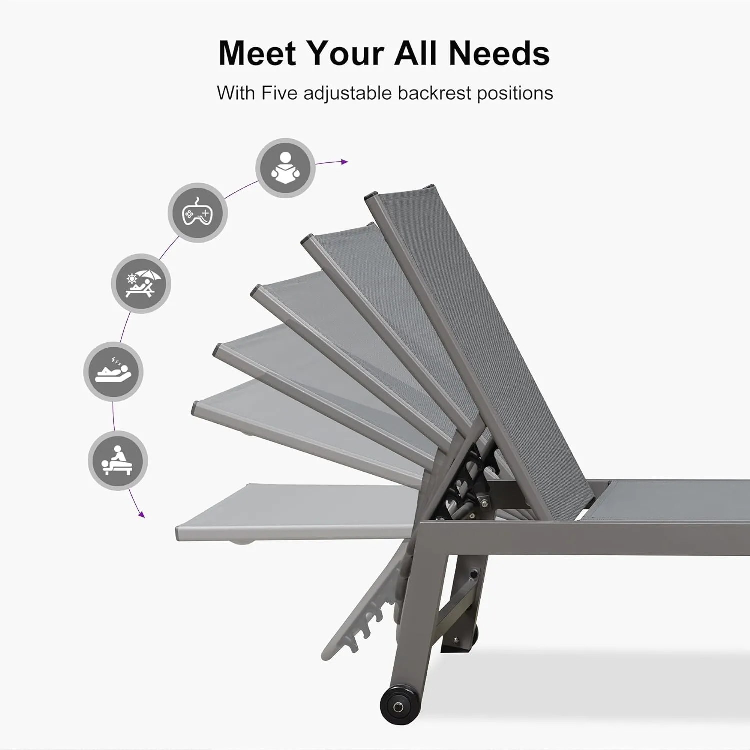 PURPLE LEAF Outdoor Lounge Chair Set for 2 Aluminum Patio Chaise Lounger with Easy-to-Move Wheels and Adjustable Backrest Pool Reclining Lounge Chairs for Beach Yard Poolside Table Included, Grey