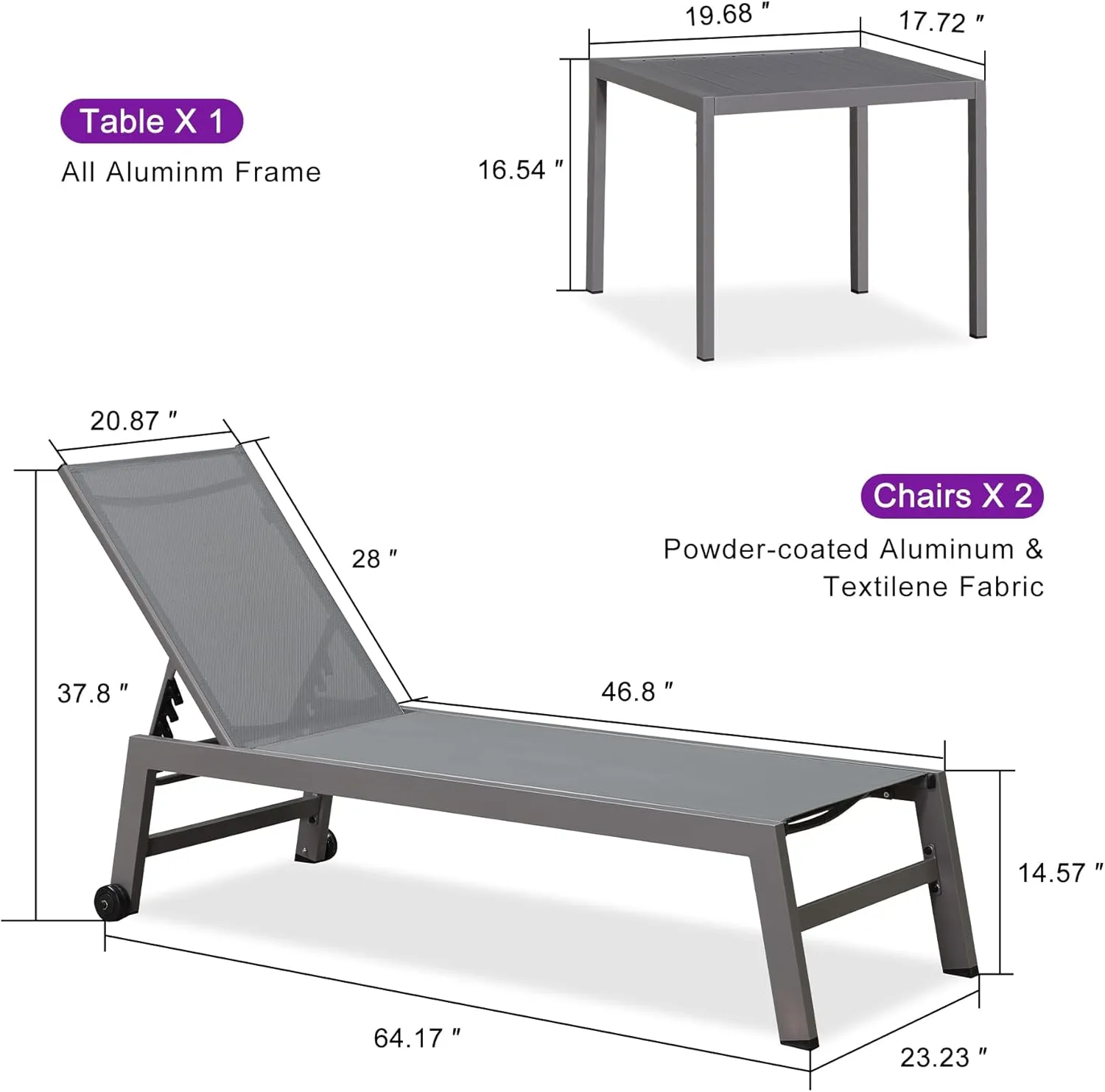 PURPLE LEAF Outdoor Lounge Chair Set for 2 Aluminum Patio Chaise Lounger with Easy-to-Move Wheels and Adjustable Backrest Pool Reclining Lounge Chairs for Beach Yard Poolside Table Included, Grey