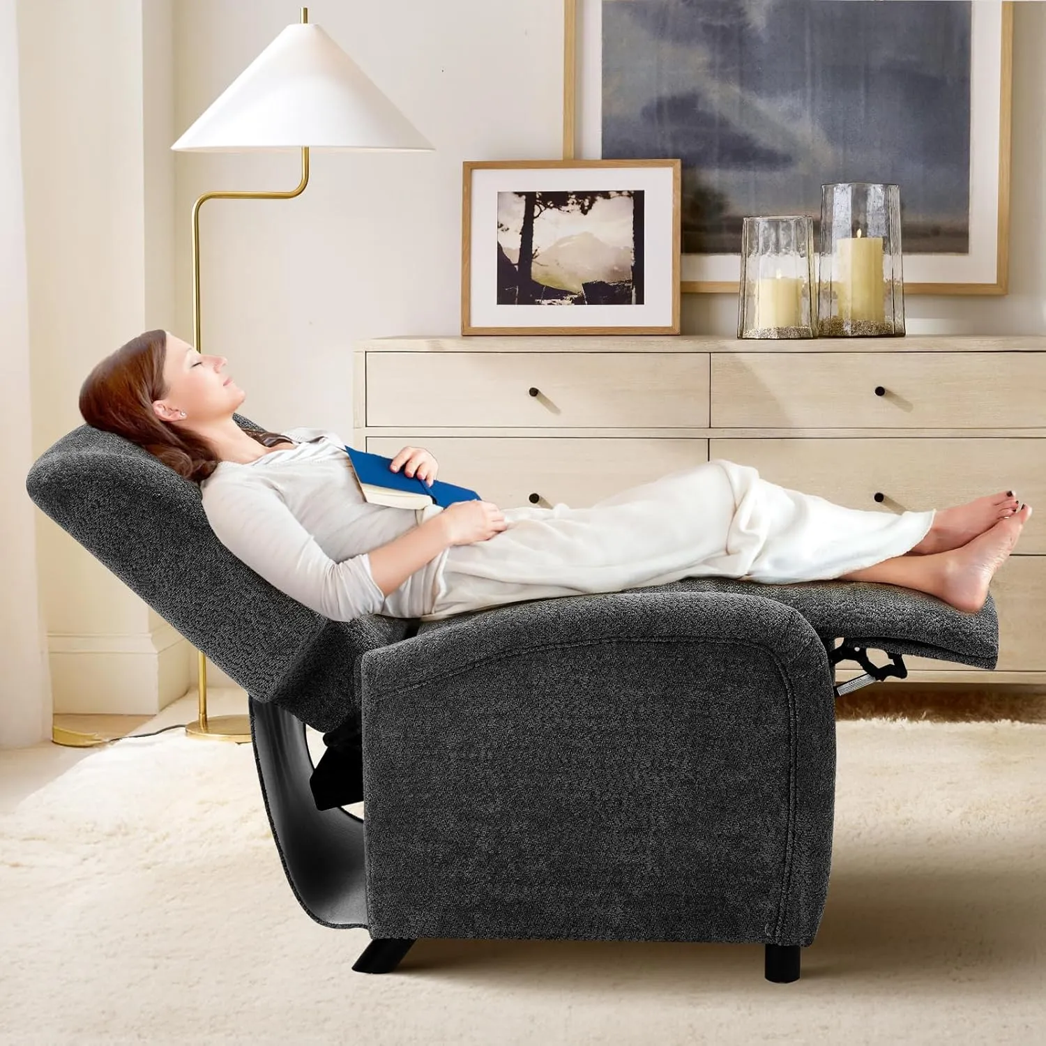 Pushback Recliner Chair, Wing Back Chairs with Arms, Adjustable Modern Single Reclining for Living Room/Bedroom,Fabric Accent Chair Extrathick Cushion