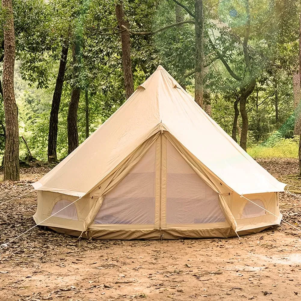 Pyramid Tent Yurt Tent Outdoor Family Camping Waterproof Bell Tent with Stove Hole Camping Pyramid Tent in Groundsheet, Camping, Glamping, Festival, Luxury Teepee, 300X300X200CM, Cotton Cloth