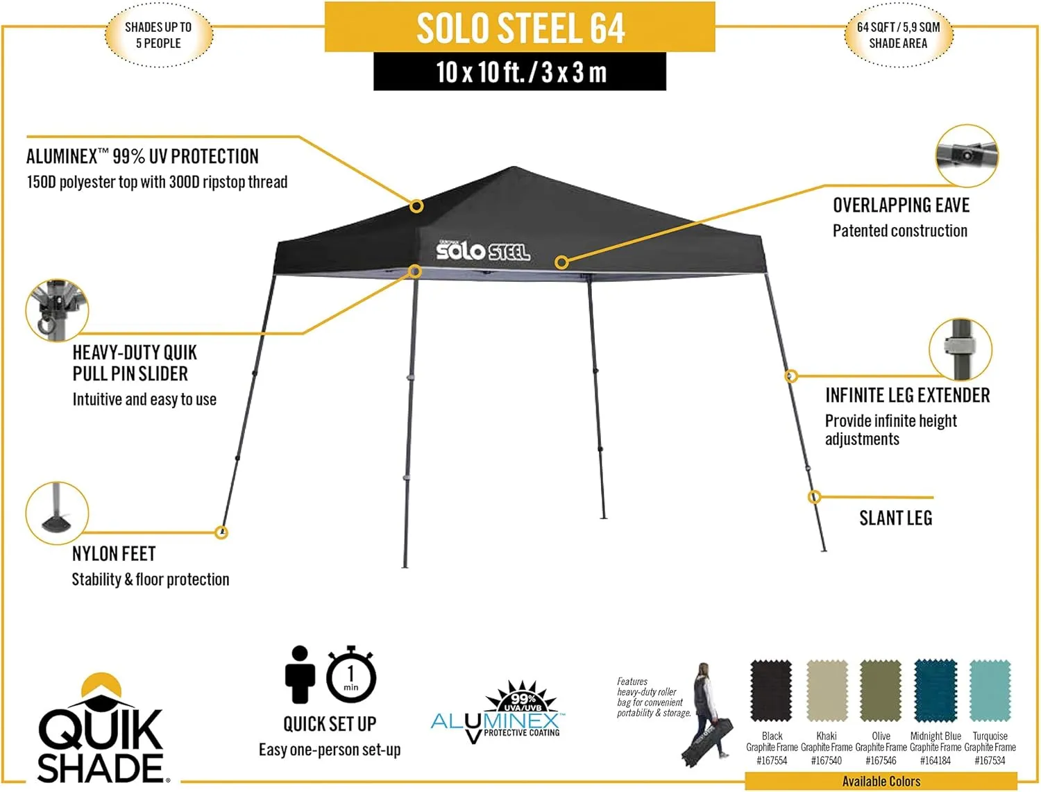 Quik Shade Solo Steel 64 10'x10' Instant Canopy, midnight blue, 164184