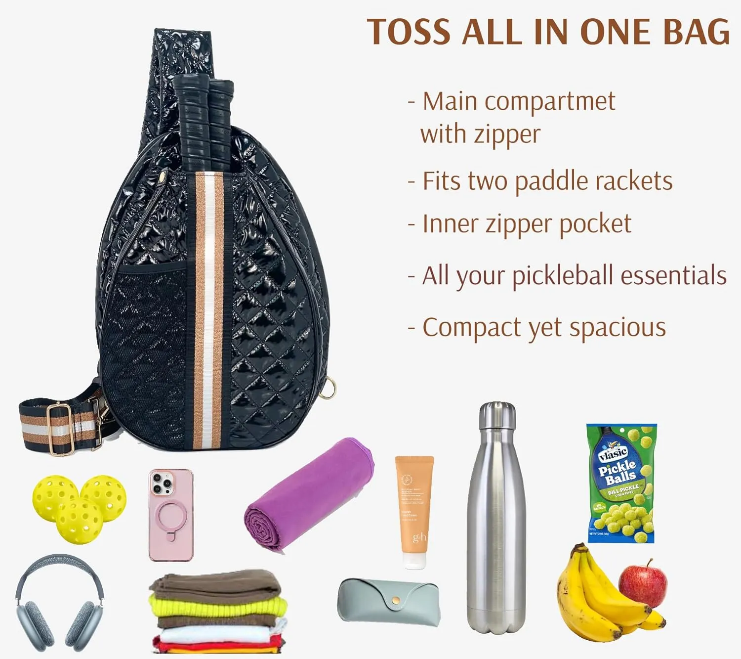 Quilted Pickleball Sling Bag, Crossbody Design with Reflective Stripe, Pickleball Puffer Bags for Women and Men, Pickleball Bags for Ladies