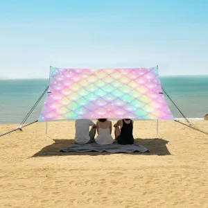 Rainbow Mermaid Scales Beach Canopy Tent Anti-UV & Wind Resistant, Fish Scales Camping Sun Shelter Easy Setup Portable,Outdoor Shade Tents with Sandbags,Sand Shovels,Ground Pegs & Stability Pol