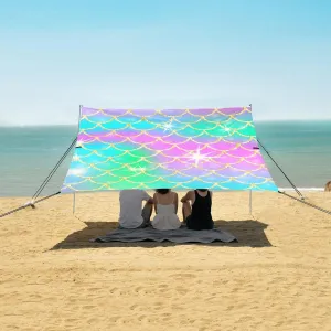 Rainbow Mermaid Scales Beach Canopy Tent Anti-UV & Wind Resistant, Glitter Sparkles Camping Sun Shelter Easy Setup Portable,Outdoor Shade Tents with Sandbags,Sand Shovels,Ground Pegs & Stability