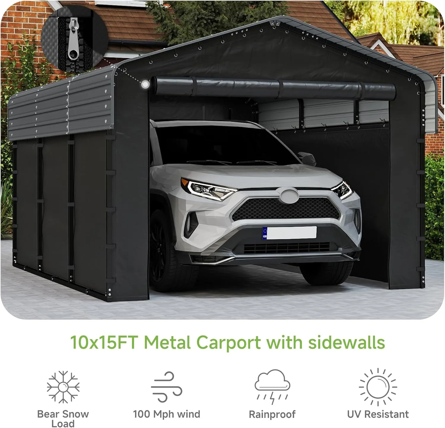 Real Relax 10x15ft Heavy Duty Metal Carport with Galvanized Steel Roof, Removable Sidewalls, Outdoor Car Port Shelter for Cars, Trucks and Boats, Gray