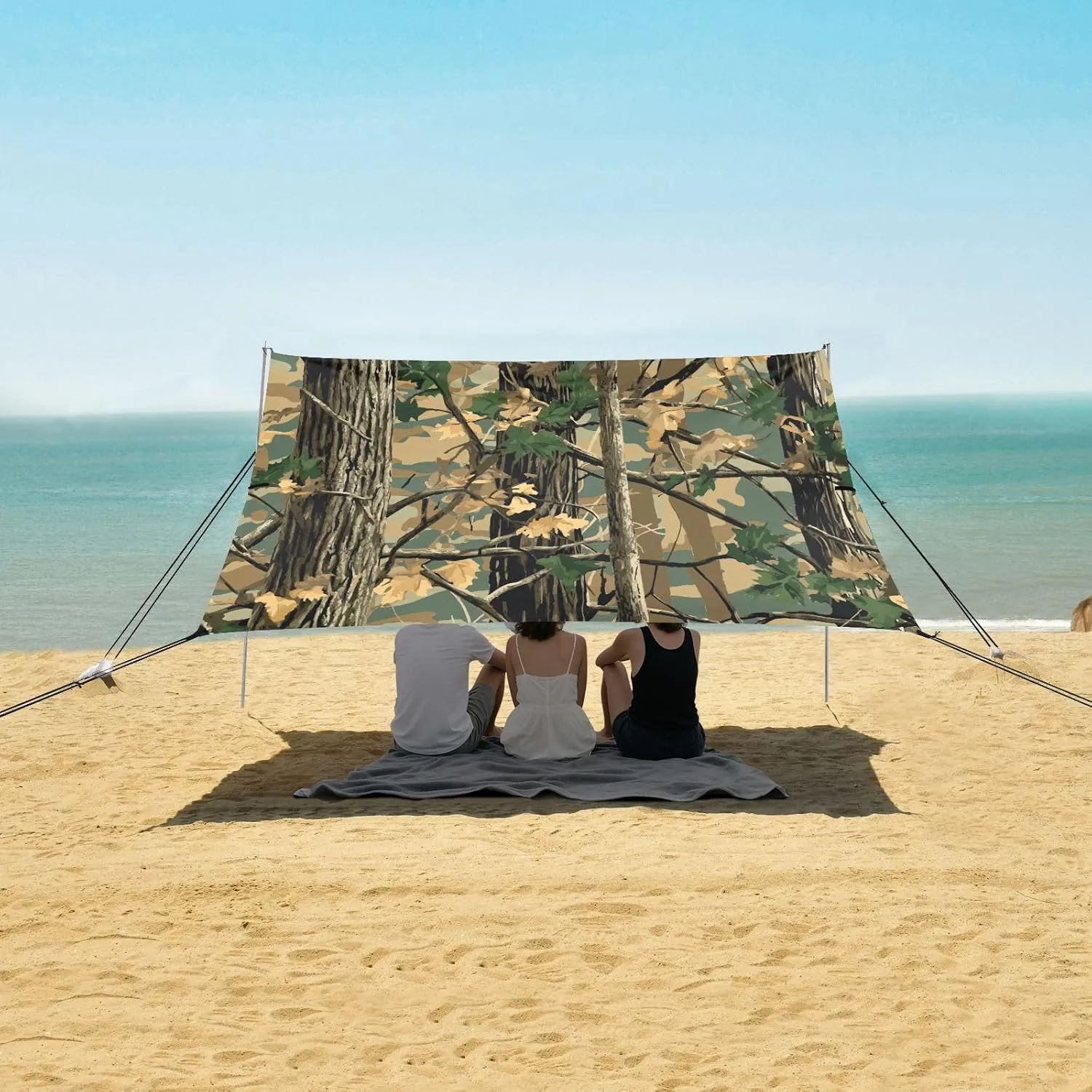 Real Tree Forest Camouflage Beach Canopy Tent Anti-UV & Wind Resistant, Camping Sun Shelter Easy Setup Portable,Outdoor Shade Tents with Sandbags,Sand Shovels,Ground Pegs & Stability Poles