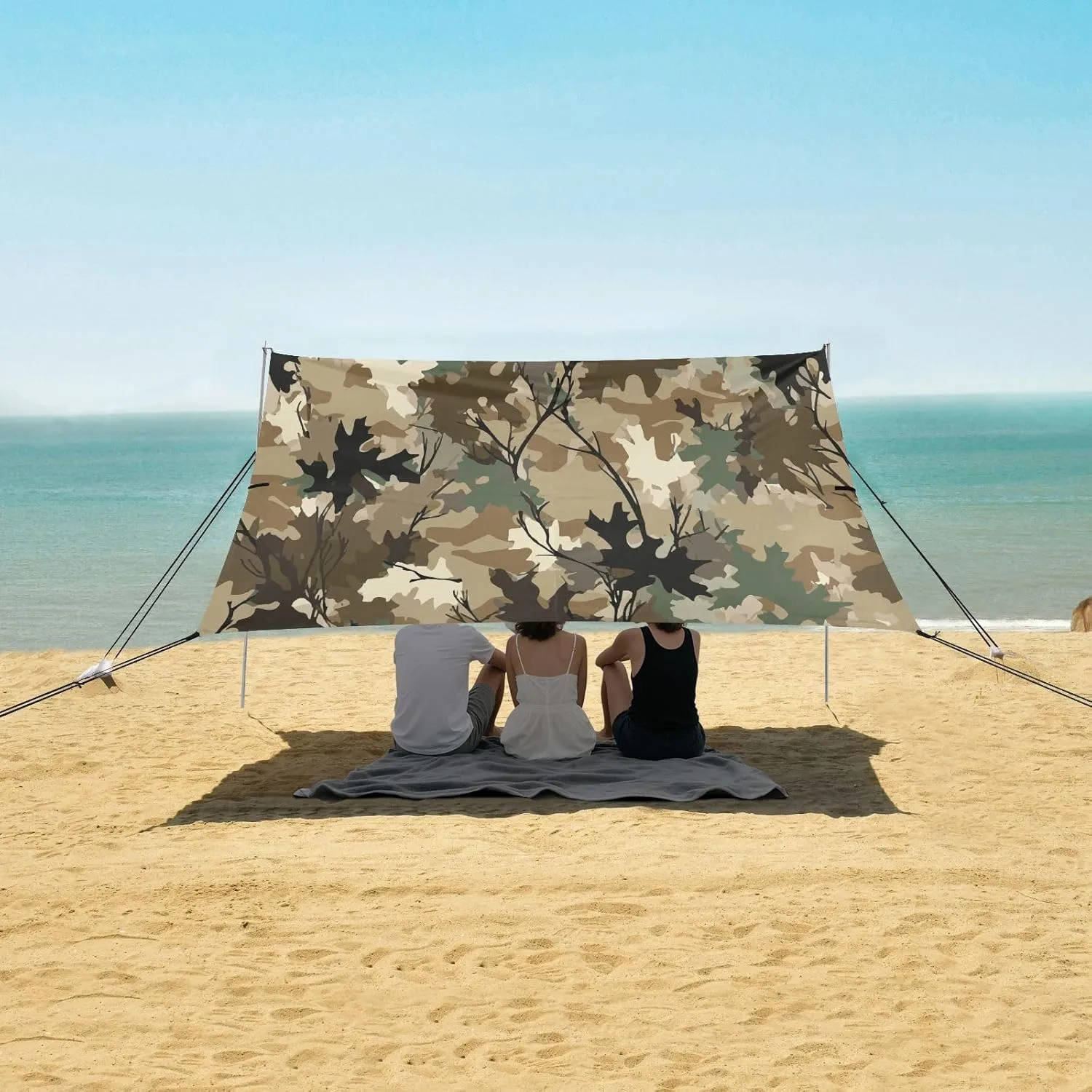 Realistic Camouflage Leaves Pattern Beach Canopy Tent Anti-UV & Wind Resistant, Camping Sun Shelter Easy Setup Portable,Outdoor Shade Tents with Sandbags,Sand Shovels,Ground Pegs & Stability Po