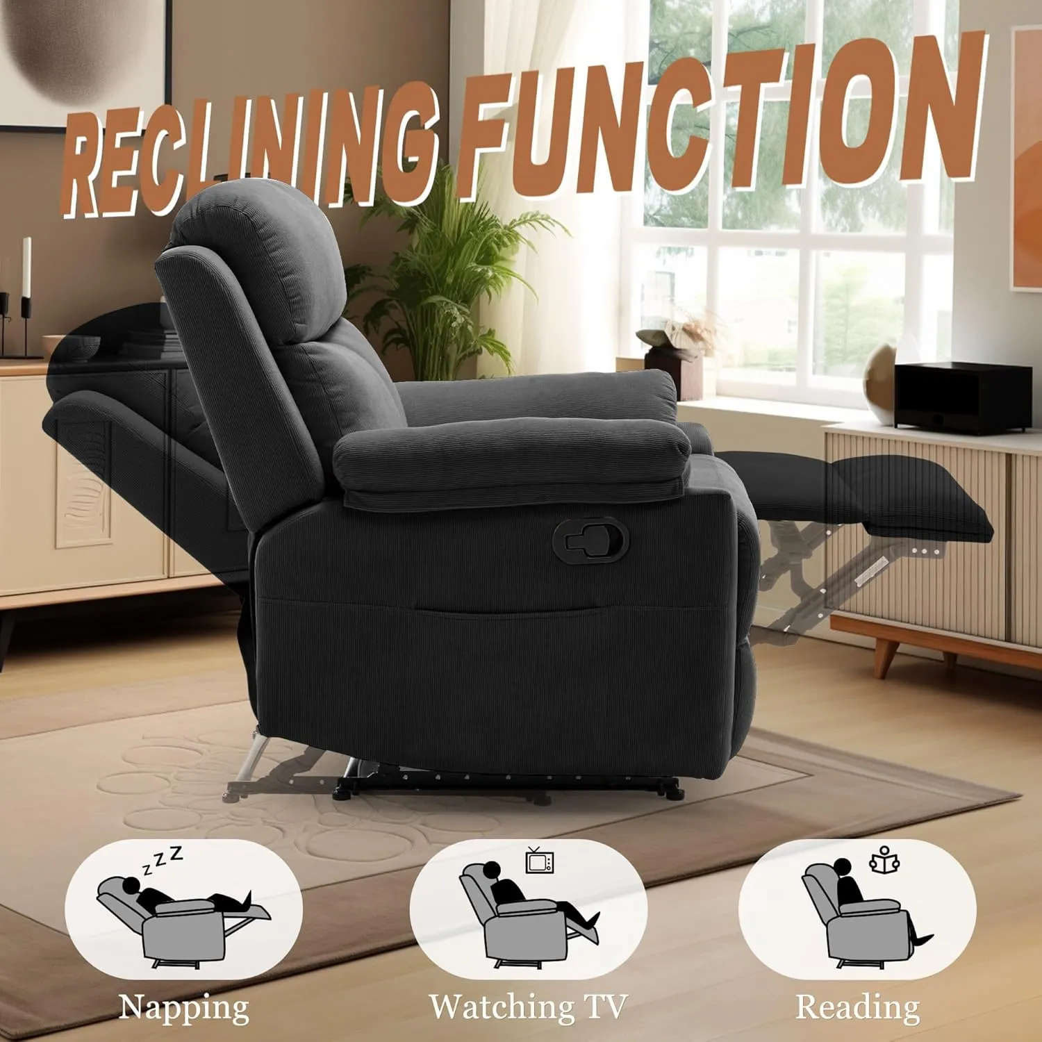 Recliner Chair for Adults, Small Recliner Chair for Small Spaces, Upholstered Corduroy Manual Recliner with Side Pockets, Reclining Chair for Living Room, Nursery, Black