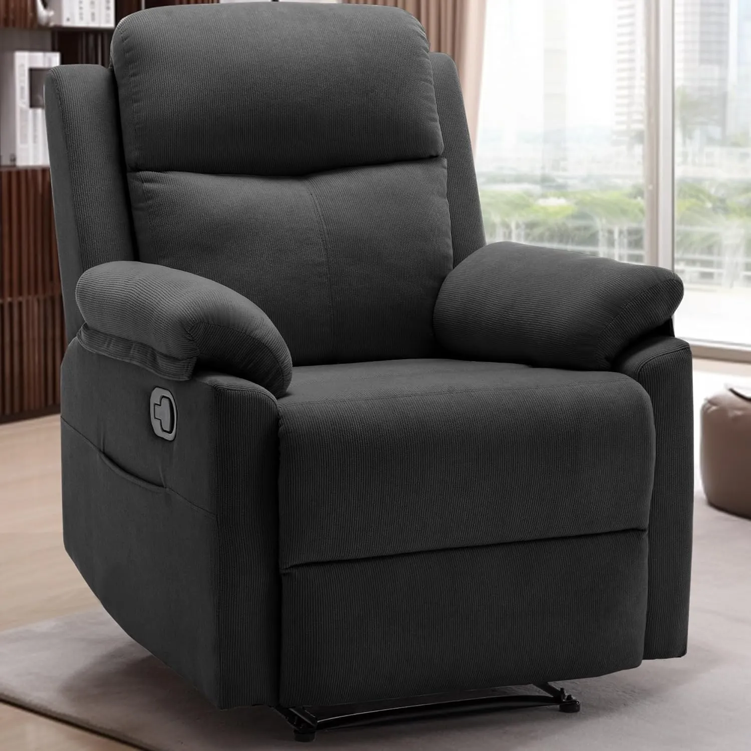 Recliner Chair for Adults, Small Recliner Chair for Small Spaces, Upholstered Corduroy Manual Recliner with Side Pockets, Reclining Chair for Living Room, Nursery, Black