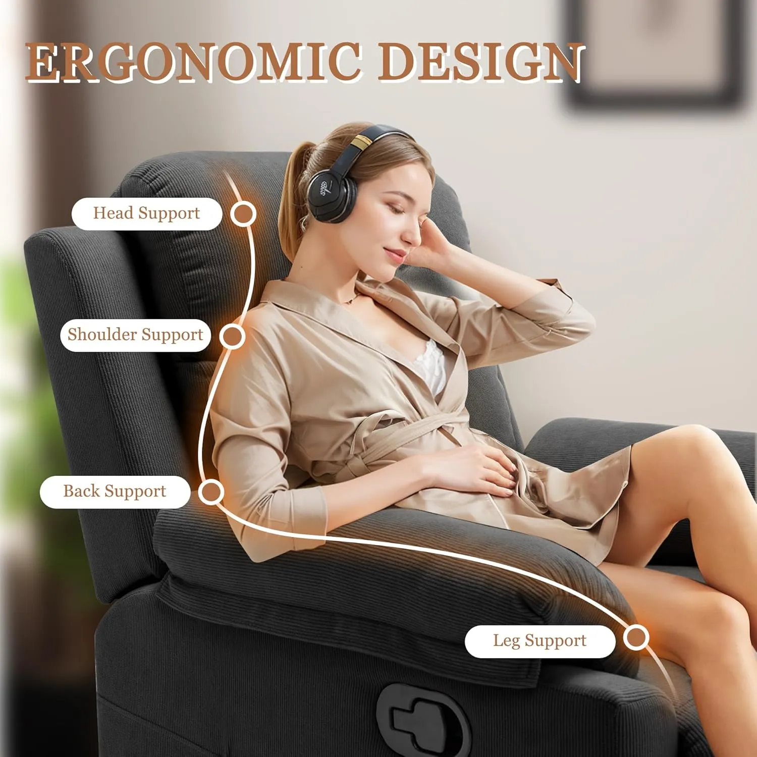 Recliner Chair for Adults, Small Recliner Chair for Small Spaces, Upholstered Corduroy Manual Recliner with Side Pockets, Reclining Chair for Living Room, Nursery, Black