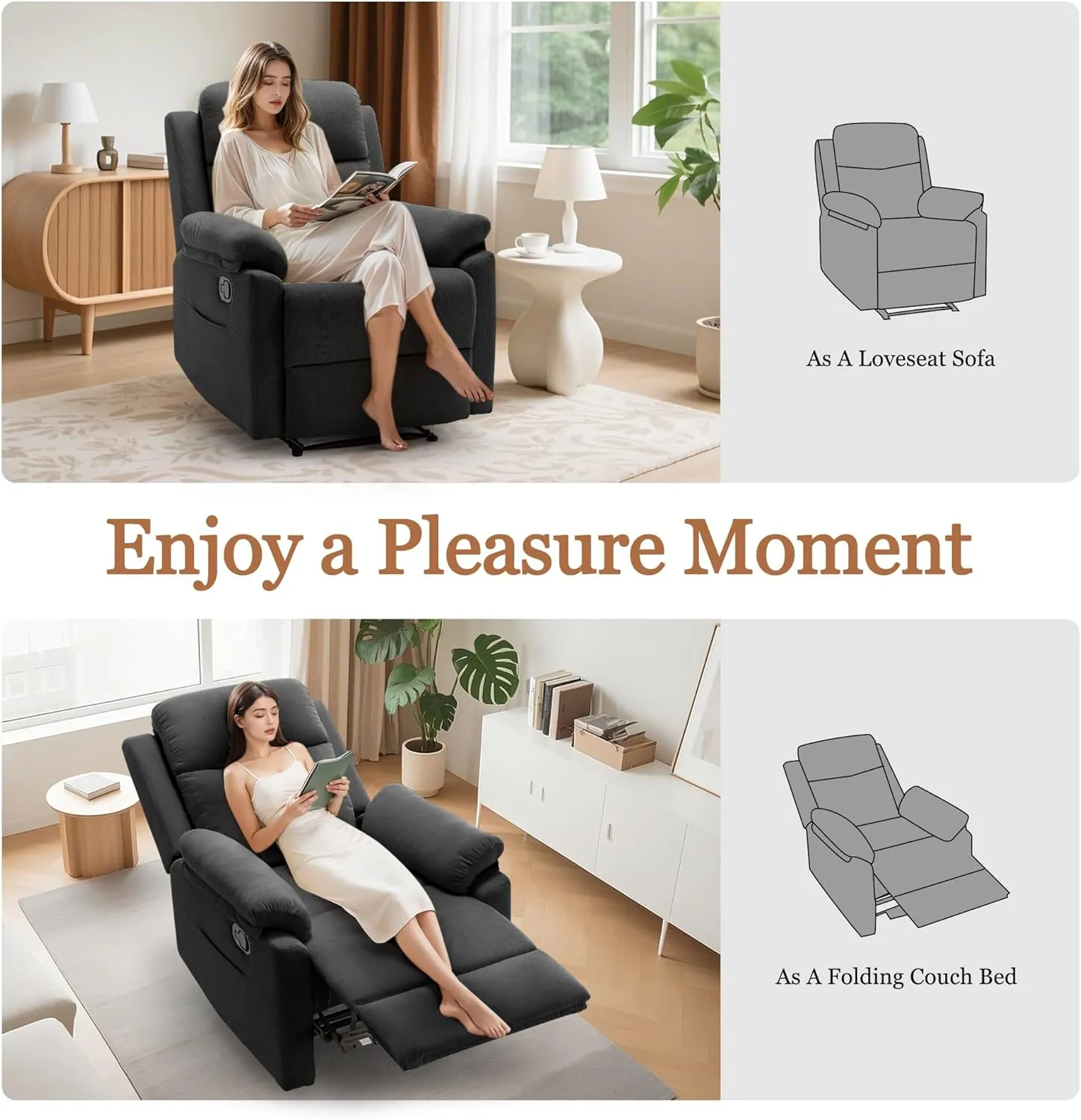 Recliner Chair for Adults, Small Recliner Chair for Small Spaces, Upholstered Corduroy Manual Recliner with Side Pockets, Reclining Chair for Living Room, Nursery, Black